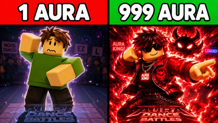 Two avatars dancing under spotlights on a 1v1 Aura Battle screen with a Press E to Cheer prompt.