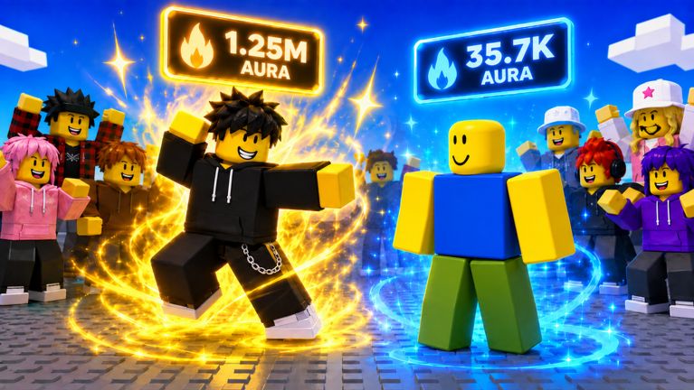 Emote menu with Auras, Dances, and Effects tabs and a Vote for the best aura prompt.